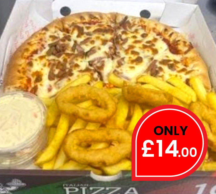 Pizza Platter with chips and onion rings — Fred's, South Molton